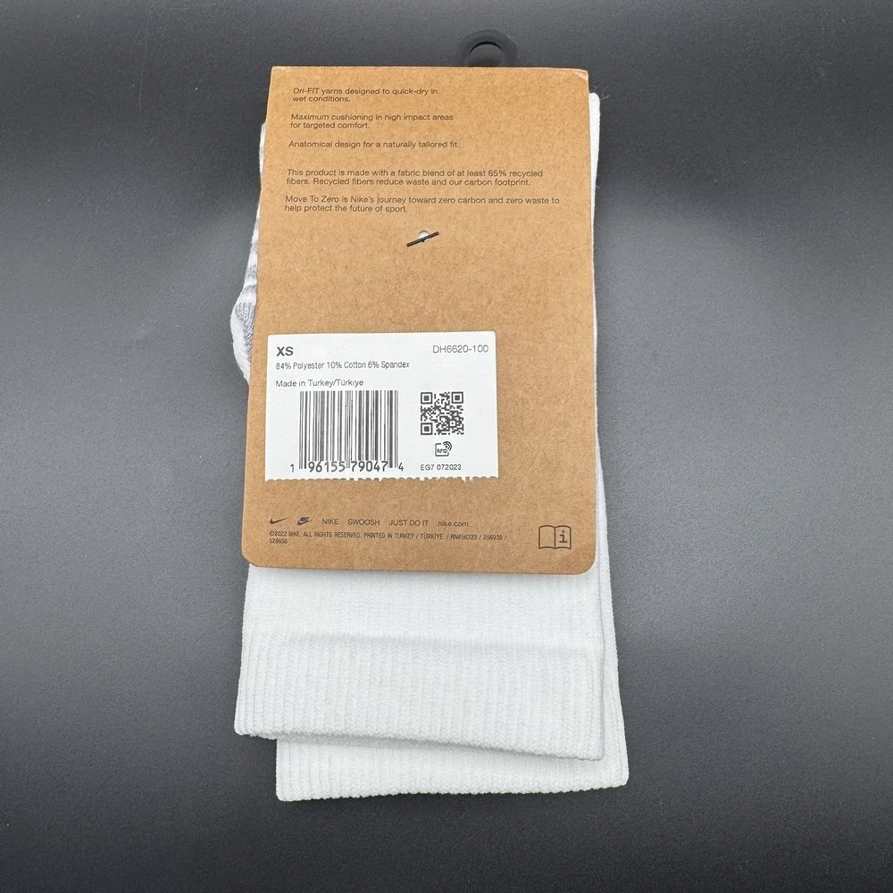 Nike Strike Kids White Grey Crew Polyester Dri-Fit Cushion Soccer Socks Sz XS